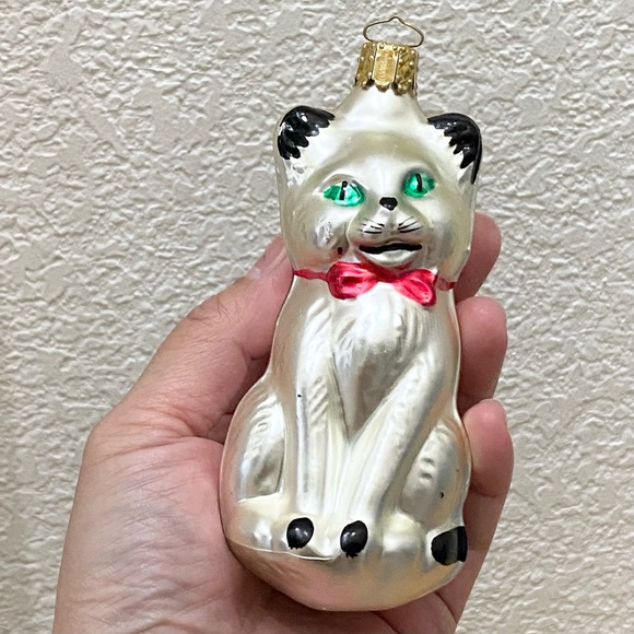 Vintage Christborn White Cat with Red Bow Hand Blown Glass Christmas Ornament - Picture 9 of 15